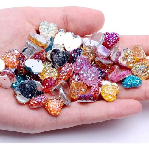 12mm 40pcs Heart Shape AB Colors Flatback Resin Rhinestones Gems With 2 Holes Sew On DIY Scrapbooking Craft Jewelry Decoration