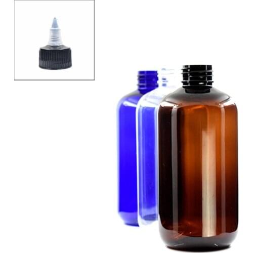 250ml empty boston round plastic bottle , clear pet bottle with black Twist Top Caps, pointed mouth top cap