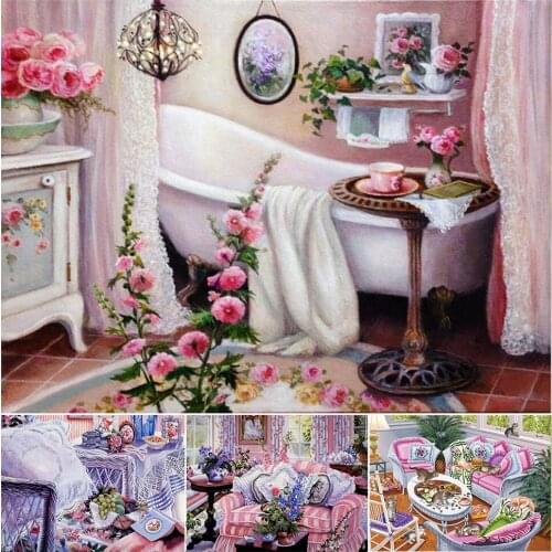 5D DIY Diamond Painting Full Square Round Drill Landscape Embroidery Garden Picture of Rhinestones Mosaic Flower Wall Art