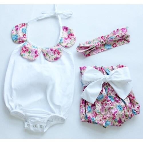 Baby spring summer cloth set toddler girls boutiques floral neck romper cloth +shorts +headband 3pcs set
