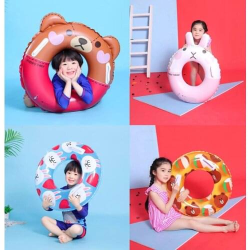 Kids Cartoon Swimming Ring With Handle Brown Bear Kenai Rabbit Float Children Inflatable Pool Float Toys Child Gift Summer Fun
