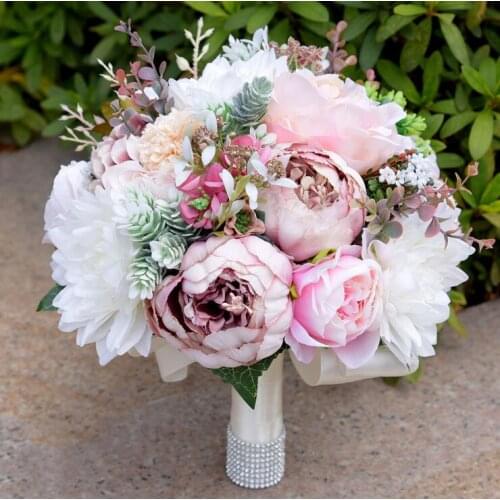 DIA 24CM European Fashion Artificial Flower Leaf Plant Peony Bridal Bouquet Handmade Silk Crystal Wedding Bouquet Decoration
