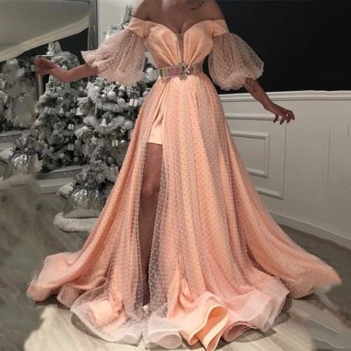 Sevintage Off Shoulder Half Sleeves Evening Dresses Pleats Split Side Long Prom Gowns Tulle Plus Size Customize Abendkleider