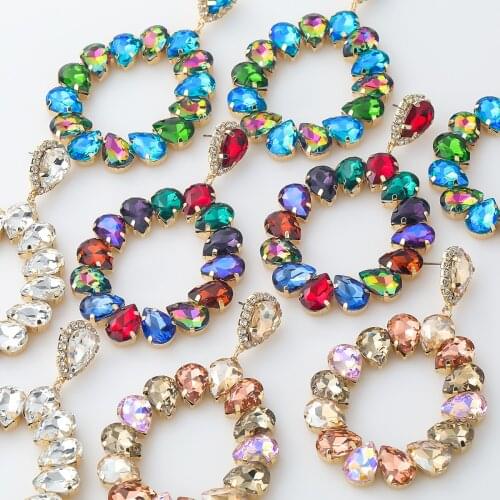 JIJIAWEN 2021 New Trend Sparkling Multicolor Big Circle Rhinestone Ladies Drop Earrings Dinner Party Fashion Jewelry Accessories