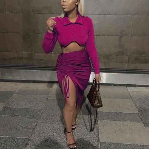 Two Piece Chic Dress Suits Long Sleeve Button Up Crop Top & Drawstring Slit Midi Skirt Set