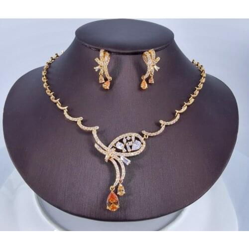 2021 New fashion vintage champagne red purple CZ zircon necklace earring set,wedding party banquet dress jewelry free shipping