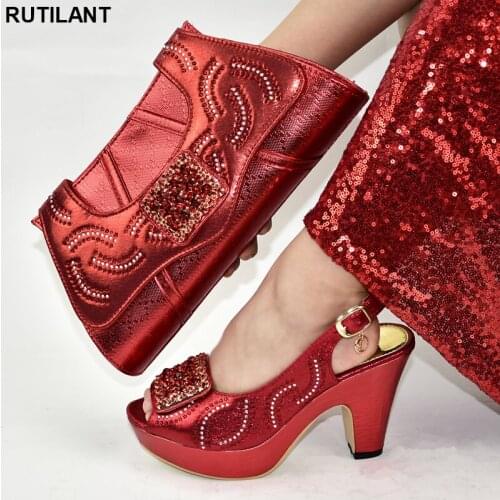 Shoes and Bag Set African Sets Red Color 2020 Italian Matching Shoes and Bag Set Decorated with Rhinestone Wedding Party Shoe