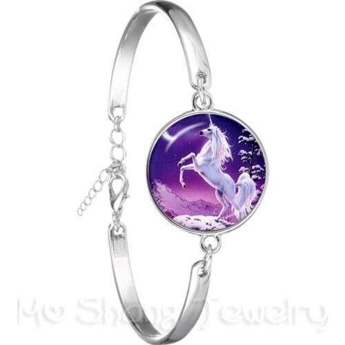 Cute Purple Unicorn Fly Horses 18mm Glass Cabochon Bracelet Jewely Silver Plated Bangle For Women Girls Gift