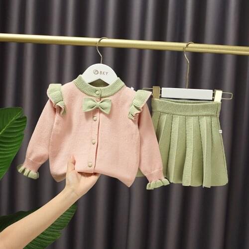 Baby Girls' Sweet Bow Autumn Sweater Skirt Long-Sleeved Ruffled Knitted Cardigan+Pleated Short Princess Two Piece Suit Kids