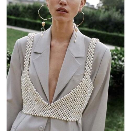 Ins fashion women handmade pearl sling vest hot hollow out outside wear female decoration beading vests