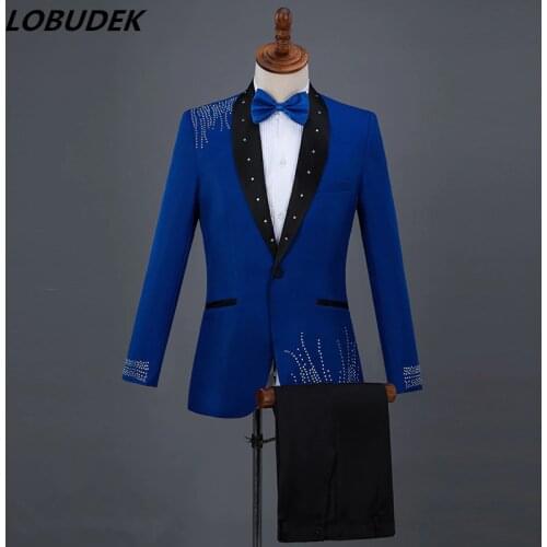 2018 Mens Suits Blue Black White Red Crystals slim Blazers Pants suit Singer Compere Host Wedding Master Chorus stage Costumes