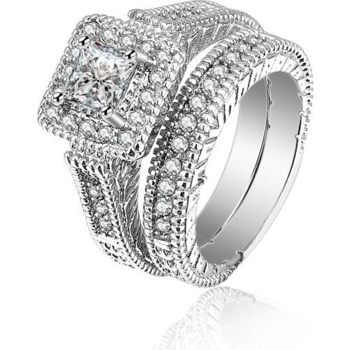 Luxury Ring Set For Women Lady 100% Pure 925 Sterling Silver Blue Zircon Rhinestone Glitter Jewelry Engagement Wedding Ring