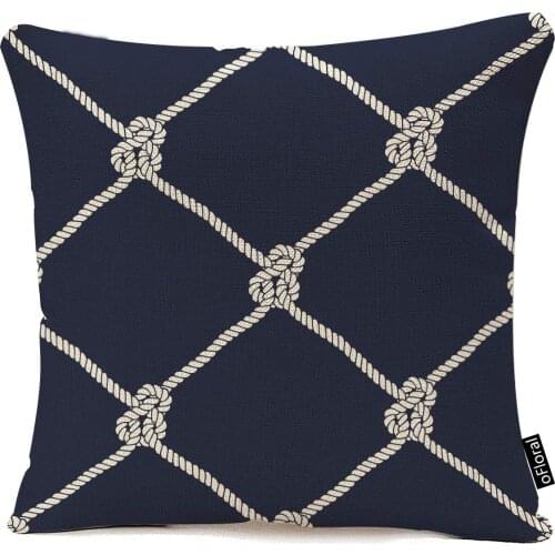 OFloral Decorative Nautical Rope Pattern Cotton Linen Throw Pillow Cover Endless Navy with White Fishing Net and Marine Knots