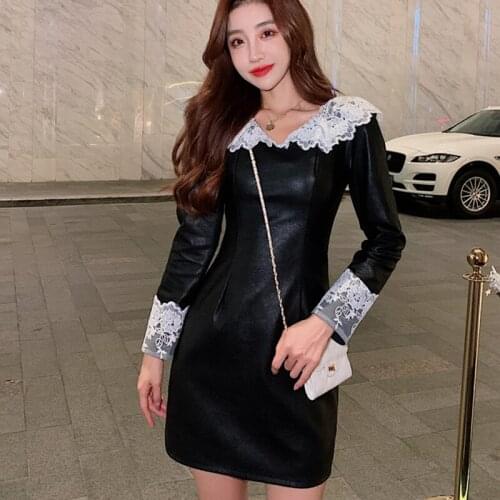 New arrival fashion party night club dress women temperament peter pan collar PU lace patchwork slim black mini a-line dress