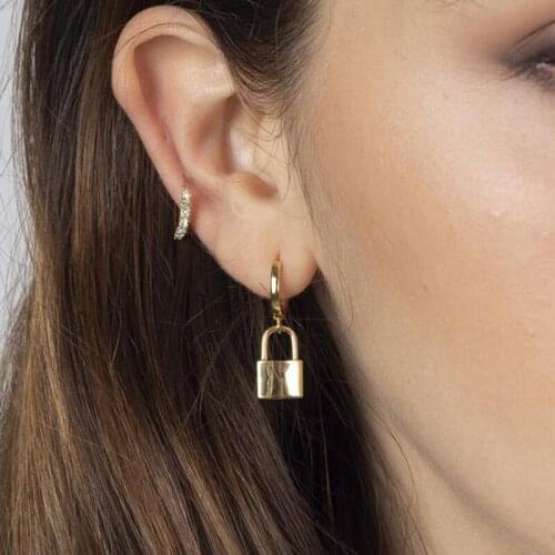Gold filled plain lock charm earring jewelry simple classic dangle drop earring for women