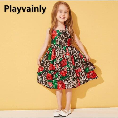 Girls Dress 2021 Summer Flower leopard grain printing Sleeveless straps Princess Dress Baby Girl Clothes 2-6Y E20369