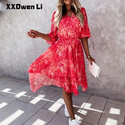 Women Casual Flower Print Buttons Lace up Midi Dress 2021 Summer Fashion Half Sleeve Chiffon Sashes Woman Dresses Robe Femme