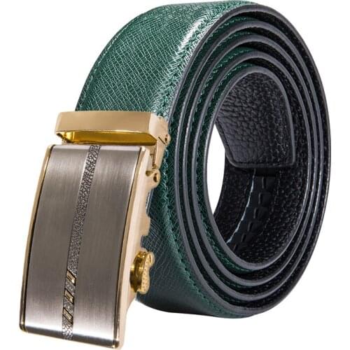 Men Belt Green Leather Belt Blue Alloy Automatic Slide Buckle Designer Square Buckle Waist Strap for Suit Pants Jeans Barry.Wang