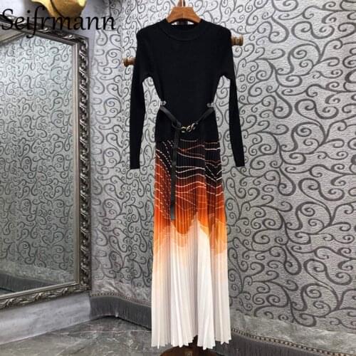 Seifrmann New 2021 Autumn Women Fashion Designer Party Pleated Dress Long Sleeve Printed Sashes Patchwork Long Dresses Vestidos