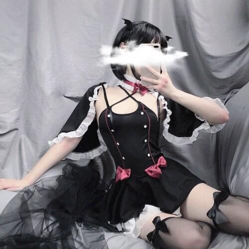 Sexy European Erotic Lolita Cosplay Lingerie Costume Underwear Kawaii Mini Top Devil Roleplay Set Black Babydoll Bow For Women
