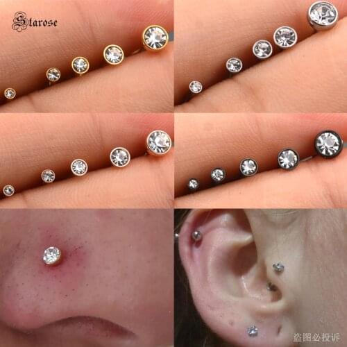 Starose 5pcs 1.2x6/8mm Clear Round Gem Nose Piercing Stud Conch Labret Lip Ring Ear Piercing Tragus Bar Helix Lobe Earrings Gift