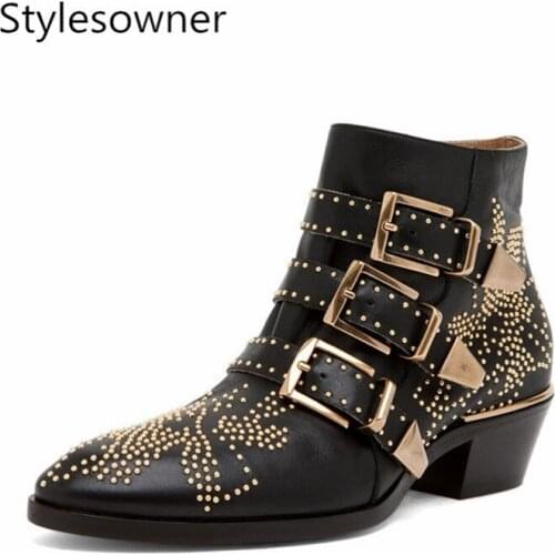 Stylesowner The New Chic Point Toe Motorcycle Boots Studded Buckle With Metal Decoration Fashion Rivet Ankle Boots Women