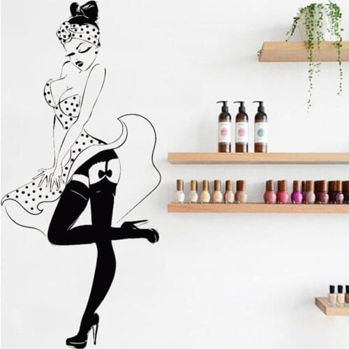 Pin Up Sexy Girl Wall Vinyl Decals Retro Woman Wall Stickers Bedroom Shop Window Decor Poster Decal Beauty Salon Sticker A023