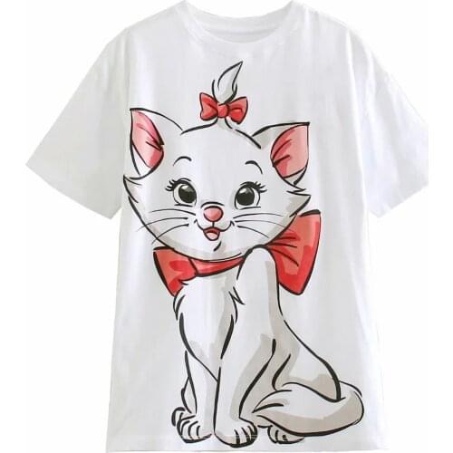 Disney Cartoon Mary Cat Shirts for Women Print Round Neck Short-sleeved Women Fashion Clothing Graphic T-Shirts Harajuku Kawaii
