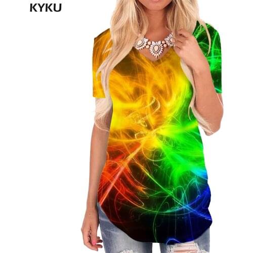 KYKU Rainbow T-shirt women Colorful V-neck Tshirt Smoke Cloud T-shirts 3d Psychedelic Funny T shirts Womens Clothing Punk Rock