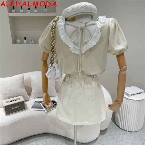 ALPHALMODA 2021 Summer Puff Sleeve Backless Tshirt Ruffled Trim Sweet Bubble Sleeve Velvet Top Women Loose Summer Tees