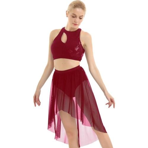 Women Shiny Sequins Asymmetrical Hem Dancewear Ballet Crop Tops with Gymnastics Leotard Mesh Skirt Adult Lyrical Dance Costumes