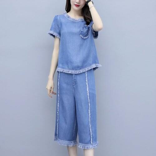 Plus Size Sets Denim Wide Leg Pants Women Summer Clothes 2021 High Waist Drape Feeling Pants Denim Suit Temperament 2-piece Set