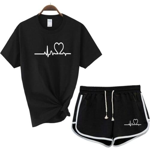 2021 Summer Love Ladies Printed T-shirt + Shorts 2-piece Set Large Cotton Ladies Sports Suit Jogging Fitness Girl Short Sleeve