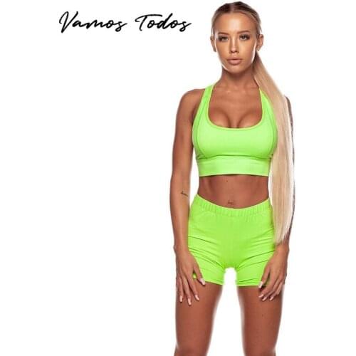 Vamos Todos 2021 Summer Sports 2 Piece Set Outfit Women Fluorescent Green Crop Top And Shorts Elastic Yoga Leggings Tracksuits