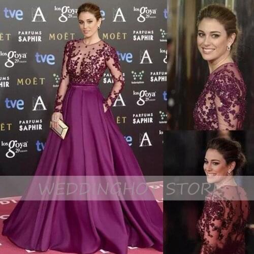 Elegant Burgundy Celebrity Dresses 2021 Long Sleeve Beads High Neck with Pockets Satin Tulle Prom Dress A-Line robes de soirée