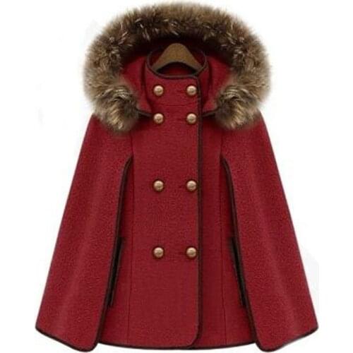 Women Detachable Hooded Faux Fur Collar Wool Coat Double Breasted Shawl Cape Cashmere Jacket Female Winter Clothes Windbreaker