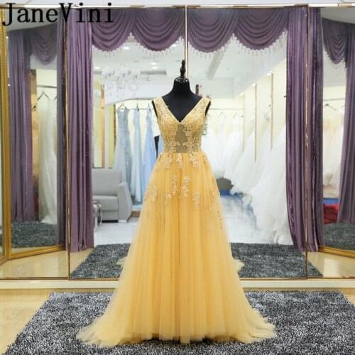 JaneVini Vestidos Yellow V-Neck Women Evening Dress Beaded Lace Illusion Godmother Mother Of The Bride Dresses 2018 Sweep Train