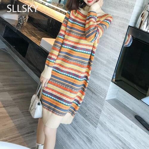 Sllsky Winter knitted Print Women Sweater Dress Fashion Striped Turtleneck Dress 2020 Autumn New Long Sweater Dress for female