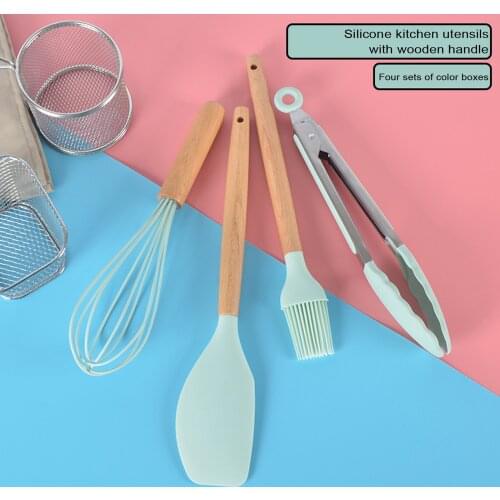 4pcs Kitchenware Set Silicone Wooden Handle Cooking Baking Tool Sets with Hanging Hole Heat Resistant Accessory