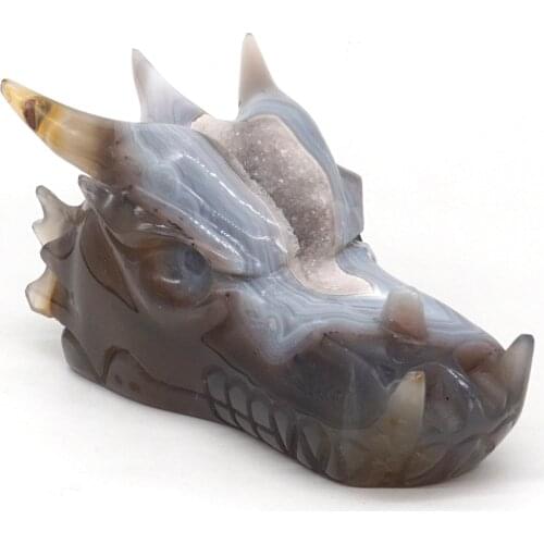 5.51" Dragon Head Skull Natural Gemstone Agate Geode Crystal Carved Reiki Healing Statue Decor Home Ornament Art Collectible