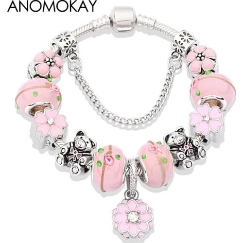 Anomokay New Romantic Pink Enamel Flower Diy Bead Bracelet Pink Animal Plant Charm Bracelets & Bangles Christmas Gift Jewelry