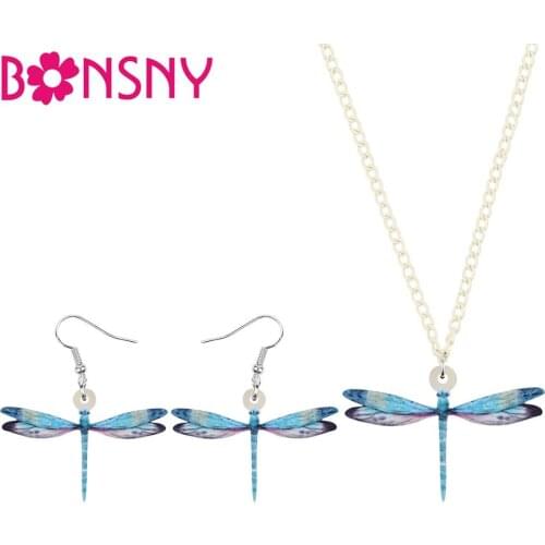 Bonsny Acrylic Cute Animal Insect Blue Dragonfly Jewelry Sets Necklace Earrings For Women Girls Teens Kids Party Gifts Accessory