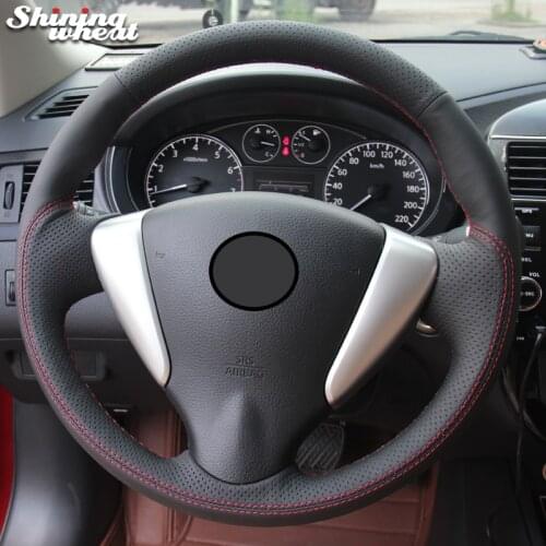 BANNIS Black Genuine Leather Red Thread Car Steering Wheel Cover for Nissan Tiida Sylphy Sentra Versa Note 2014-2017