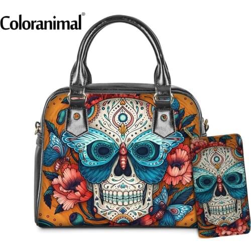 Coloranimal 2021 New Style 2Pcs/Set Handba&Wallet for Women Gothic Floral Sugar Skull Pattern Ladies Tote Bag PU Leather Bolsa