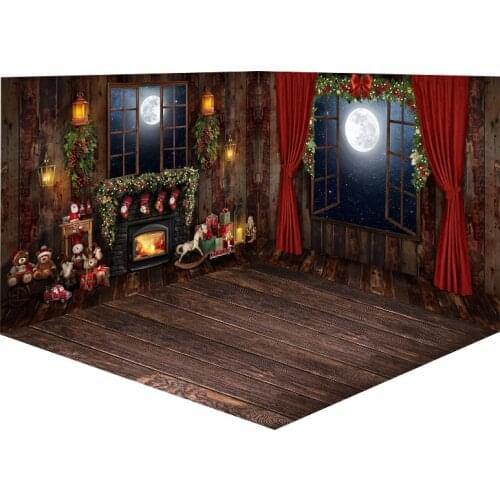 Christmas Toy Bear Backdrop for Fireplace Photography X-mas Tree Windows Full Moon Night Photo Background Kid Children Photocall