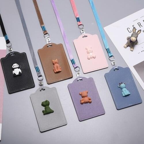 Cute Cartoon Leather Student Campus Card Hanging Neck Bag Card Holder Lanyard ID Card Meal Card Bag