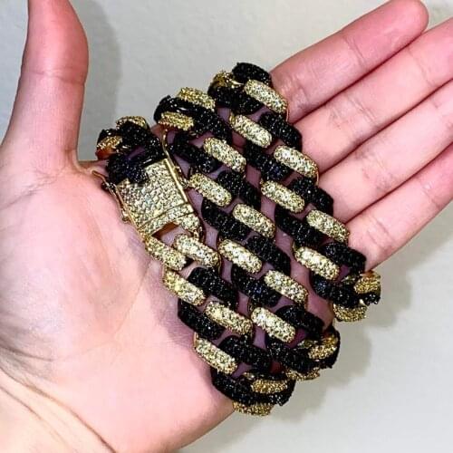 Iced out bling hip hop men boy jewelry two tone black black gold yellow color cz 15mm cuban necklace cool men jewelry