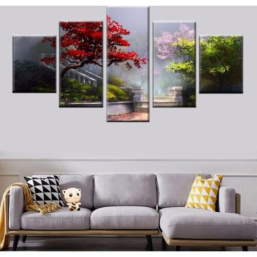 Wall Art Canvas Painting 5 Panel Tree Landscape Picture Poster Living Room HD Print Modular Frame Modern Home Decor Painted