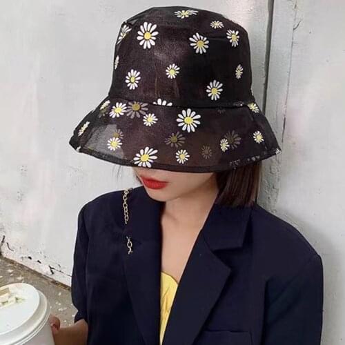Fashion Daisies Embroidered Buckets Hat Women Transparent Lace Flower Beach Panama Hats High Top Snapback Summer Daisy Sun Cap