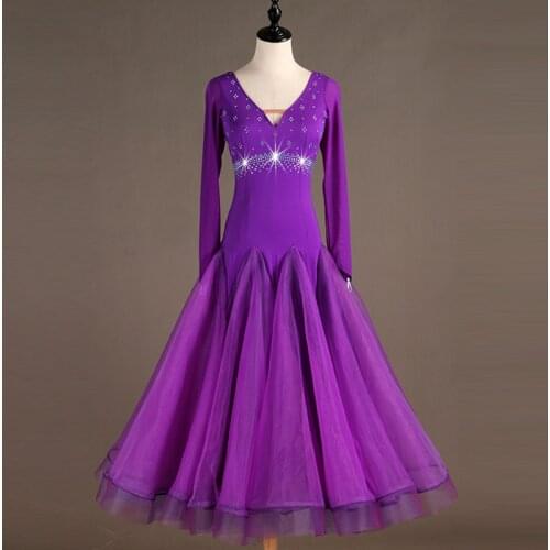 Purple Rhinestone Ballroom Dance Dress Skirt Women Standard Dance Tango Practice Clothes Big Hem Flamenco Performing Wear DL4563